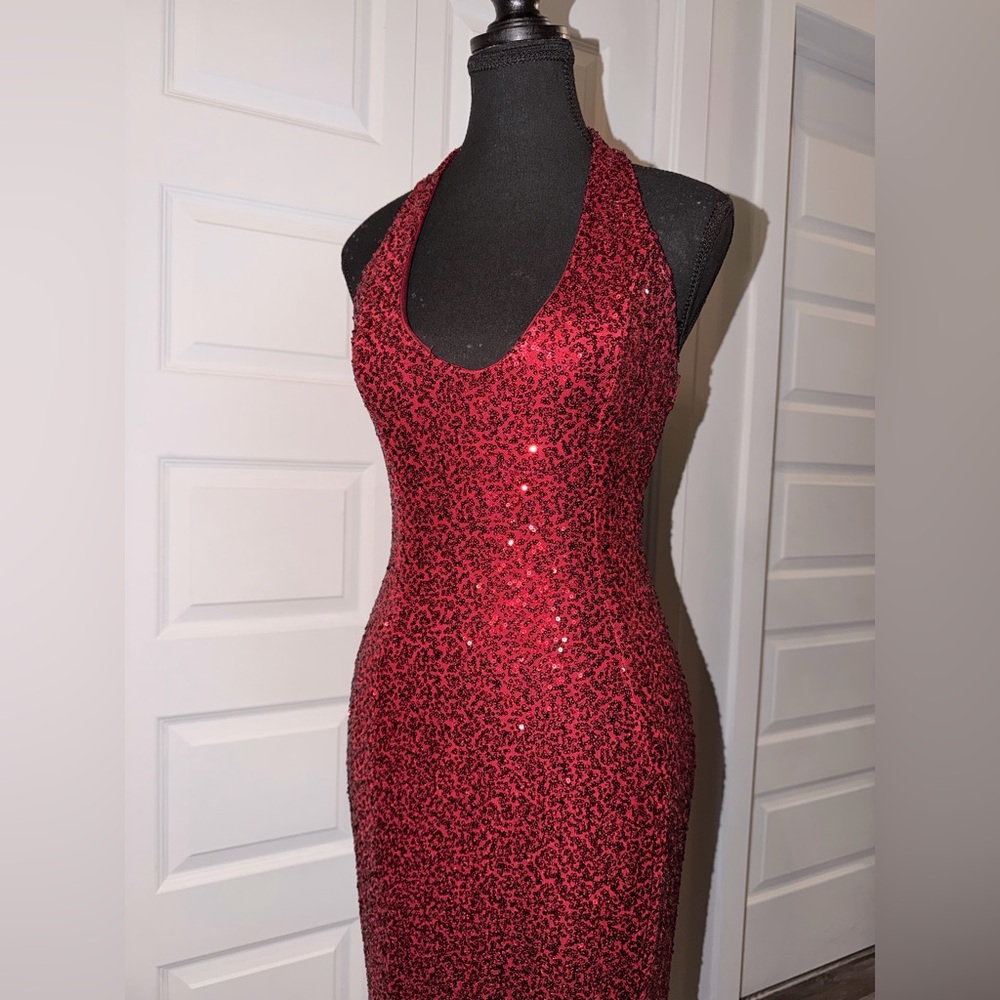 BabyBoo Fashion Elegant Burgundy Sequin Halter Dress - Picture 6 of 8